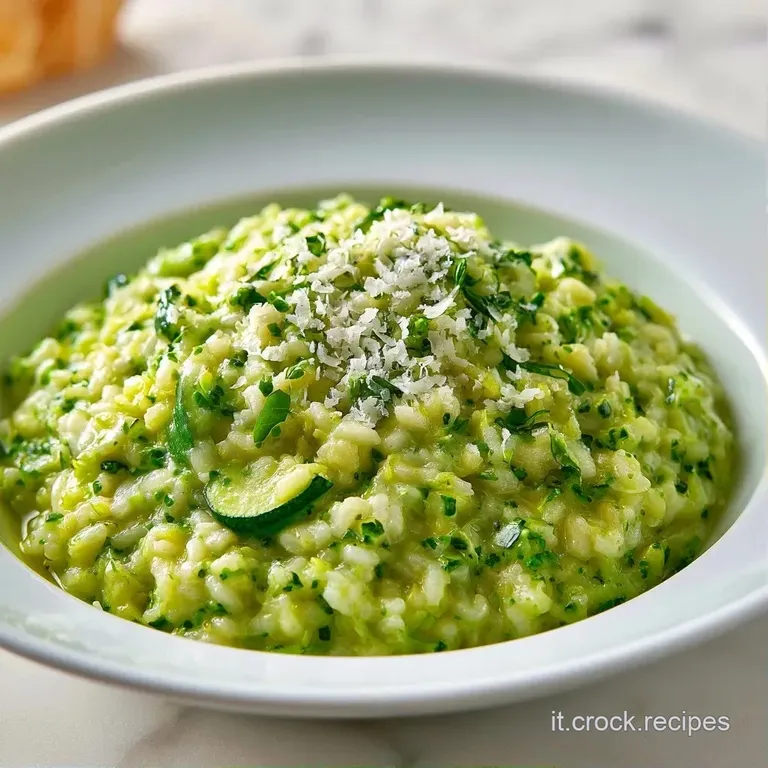 Piatto bianco con riso vellutato verde chiaro, zucchine tenere e un filo d'olio lucido che riflette la luce.