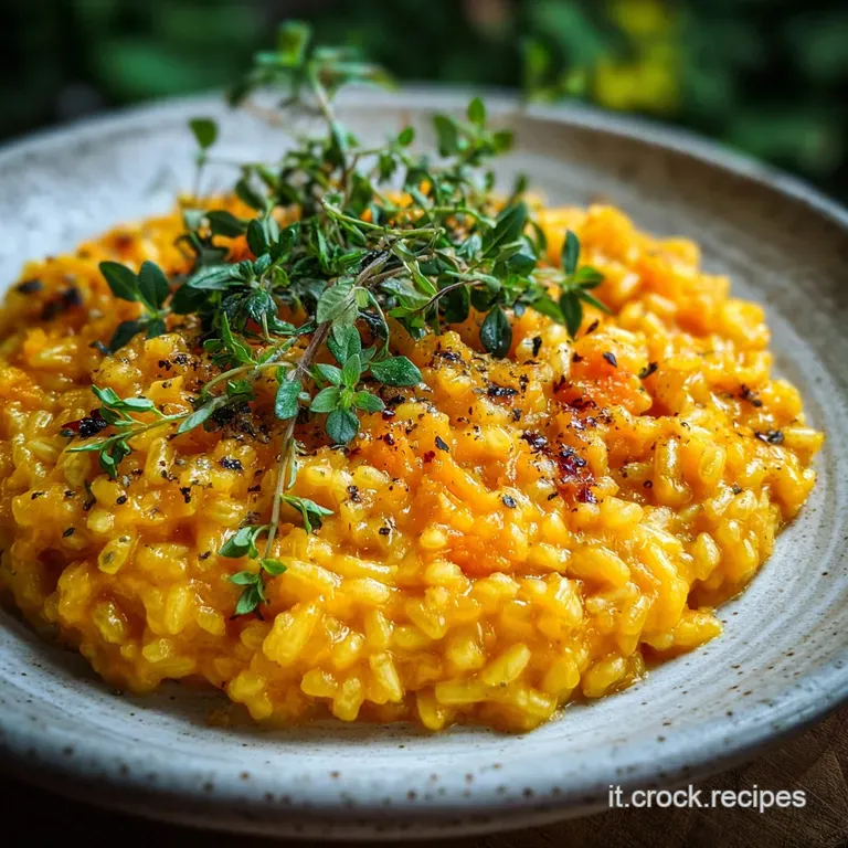 Elegant plate of vibrant orange risotto, garnished with crispy sage leaves and a drizzle of olive oil. Steaming, inviting ...