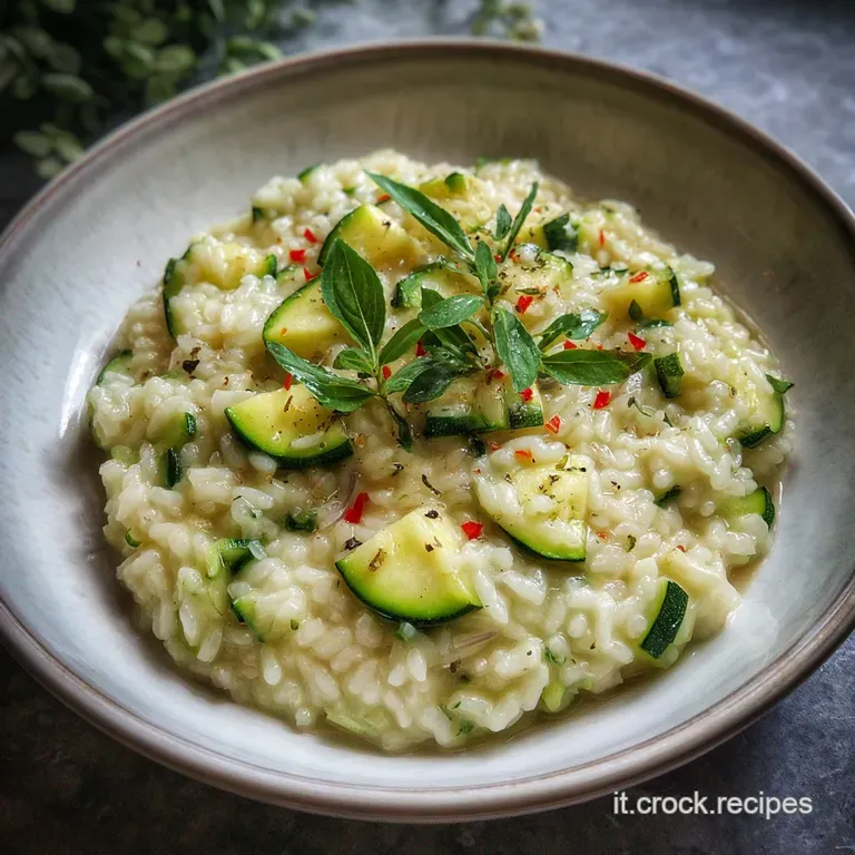 Elegant plate of zucchini risotto, garnished with delicate fried zucchini blossoms. Steaming gently, light reflecting off ...