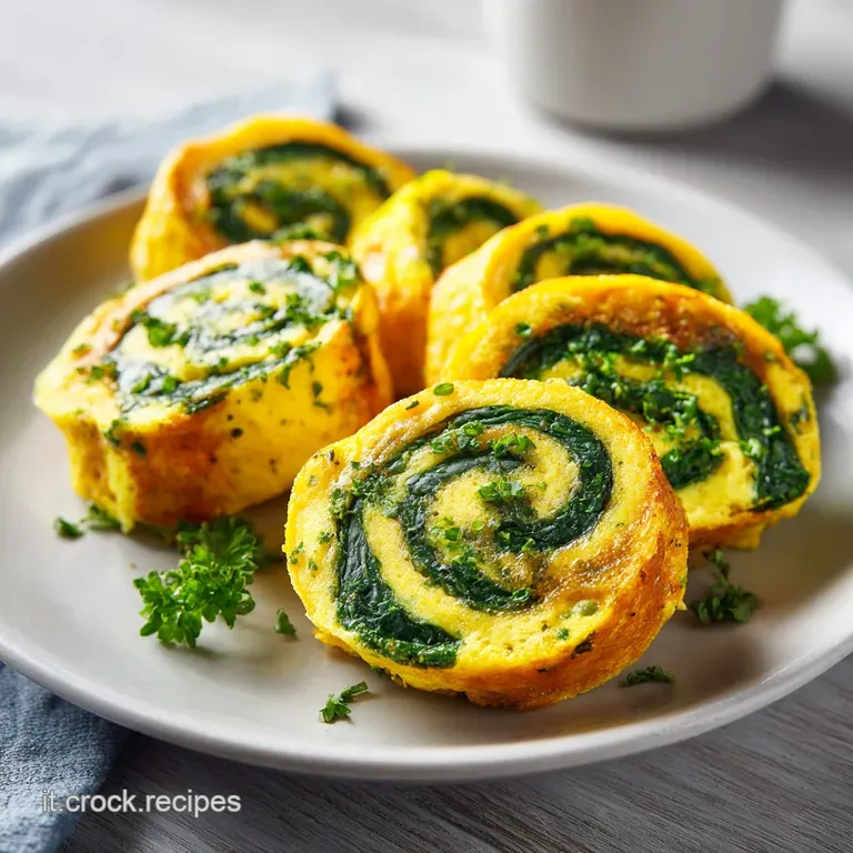 Sezione di rotolini di uovo dorato e spinaci verdi, decorati con erbe fresche su un piatto di ceramica minimalista.