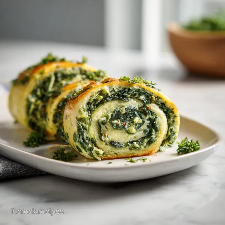 Elegant slice of green spinach rotolo, revealing creamy ricotta, artfully plated with a drizzle.