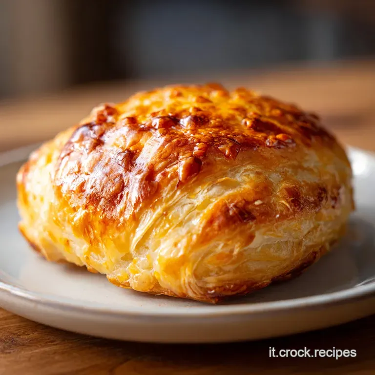 A single, beautifully browned puff pastry sits on a plate, revealing a glimpse of the savory filling inside the flaky crust.