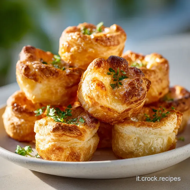 Rusticini arranged artfully on a white plate; golden-brown layers glisten, hinting at a buttery, savory filling with herbs.