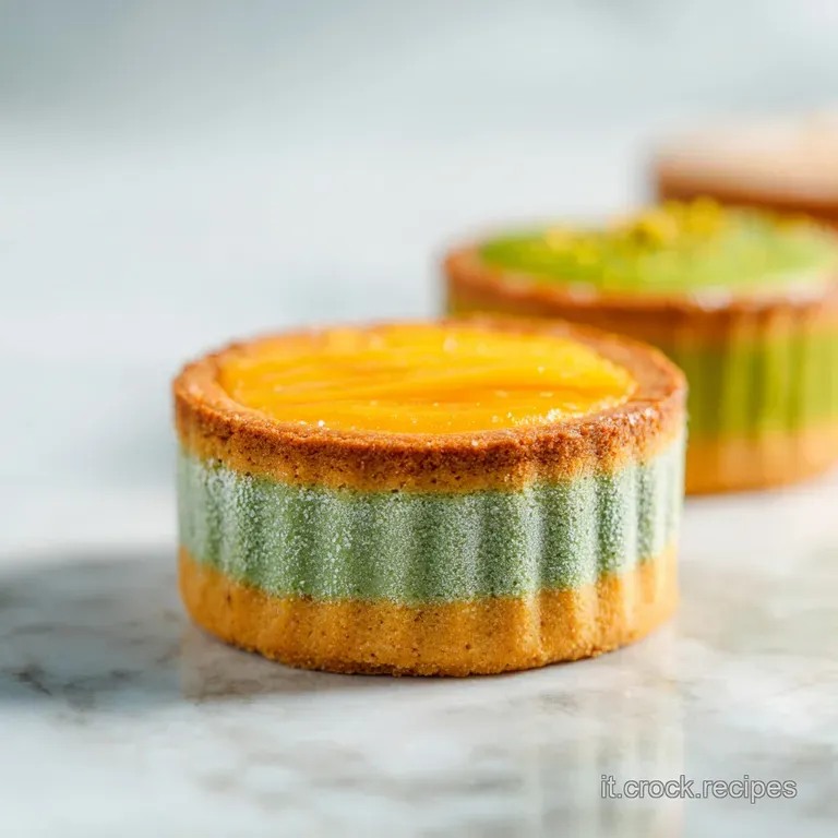 An elegant arrangement of delicate sabl&eacute; cookies on a white ceramic plate, sprinkled with crushed pistachios.