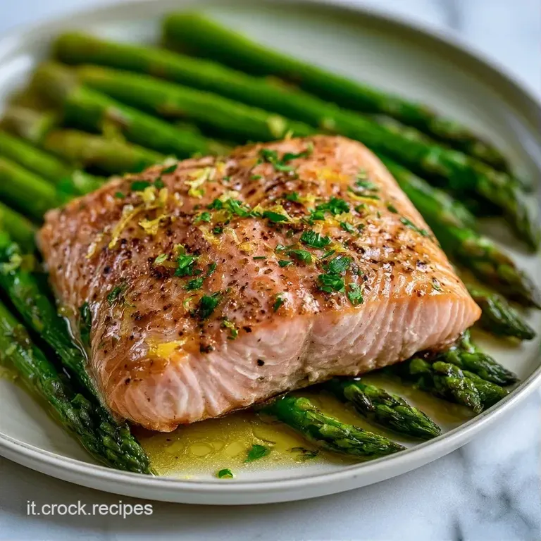 Elegante filetto di salmone rosa succoso su asparagi teneri, decorato con limone fresco e un filo d'olio luccicante.
