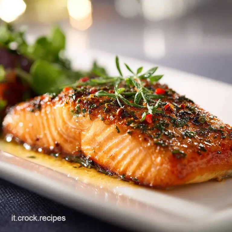 Perfectly seared salmon fillet resting on a bed of colorful vegetables, artfully arranged on a white plate. Lemon wedge pr...