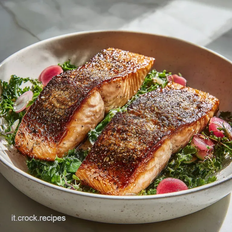 Perfectly seared salmon fillet with crisp skin atop tender asparagus. Lemon brightens the plate; herbs add a fresh, aromat...