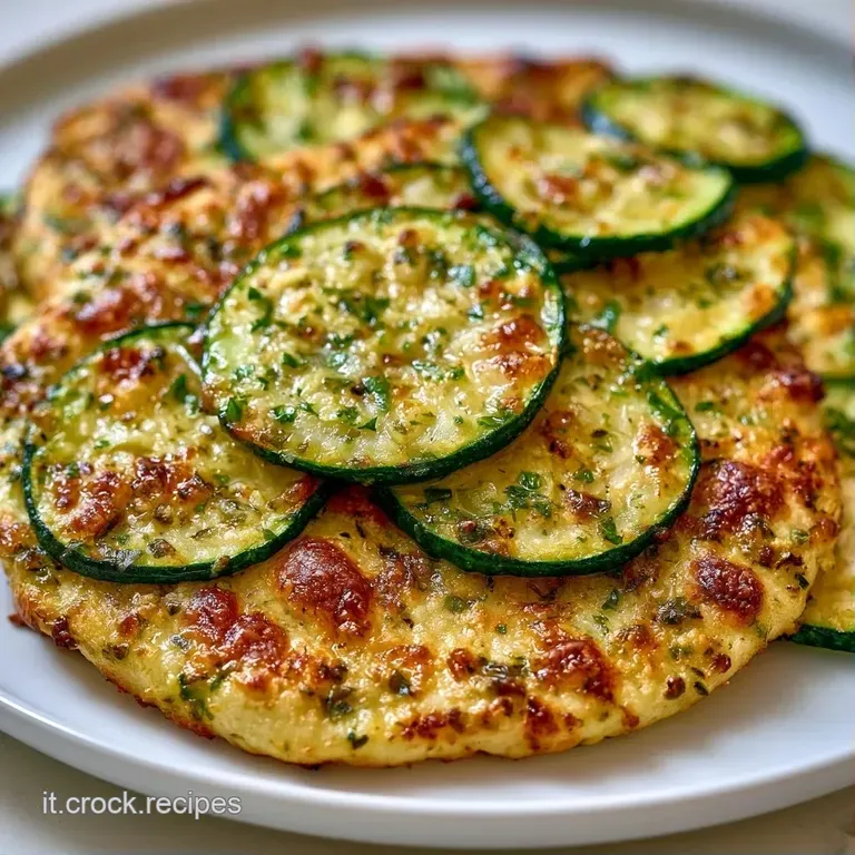 Taglio quadrato di schiacciata croccante su piatto bianco, decorato con erbe fresche e zucchine verdi brillante.