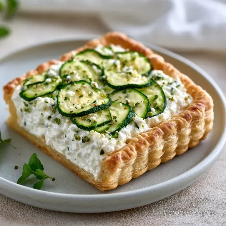 Una fetta di sfoglia croccante e dorata adagiata su piatto bianco, con cuore morbido di ricotta e zucchine tenere.