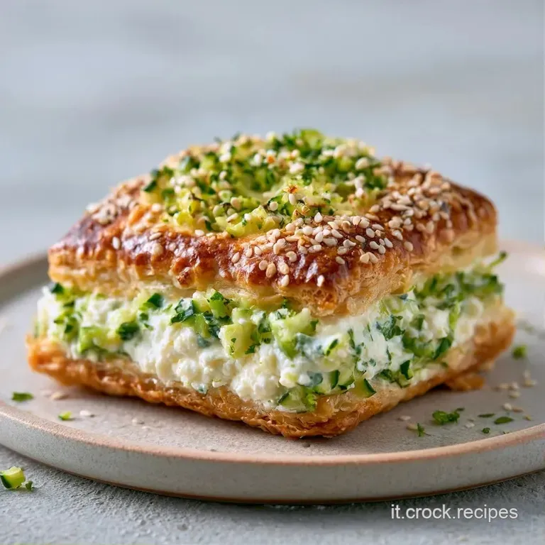 Sfogliatine croccanti e dorate disposte su un piatto bianco, guarnite con erbe fresche e un tocco di pepe nero.