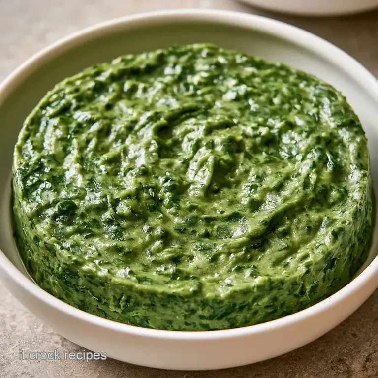 Una fetta di tortino verde scuro e crema di patate su piatto bianco, decorata con un filo d'olio e prezzemolo fresco.