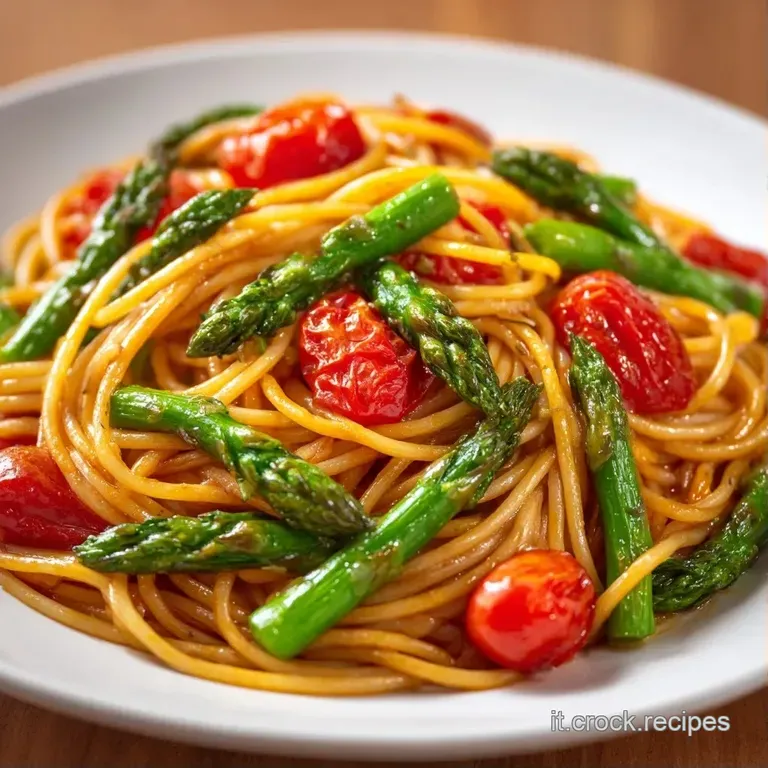 Spaghetti arrotolati con eleganza, guarniti da asparagi croccanti e piccoli pomodorini rossi in un piatto di ceramica.