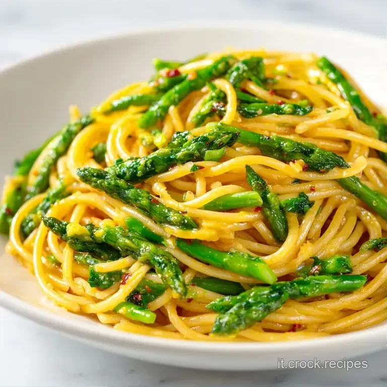 Spaghetti disposti a nido con asparagi selvatici croccanti e scaglie di formaggio bianco su ceramica minimalista.