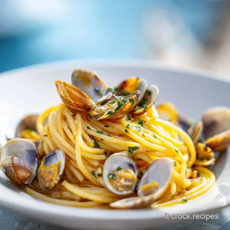 A nest of spaghetti with clams, glistening with olive oil, artfully arranged on a white plate, sprinkled with fresh parsley.