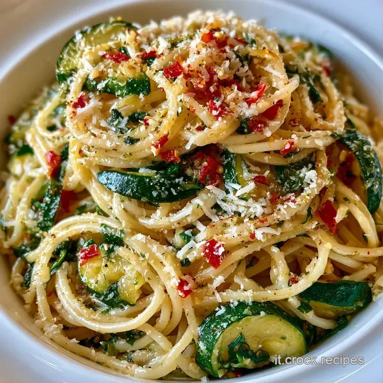 Spirale di spaghetti lucidi intrecciata a rondelle di zucchine tenere, decorata con un filo d'olio e pepe nero.