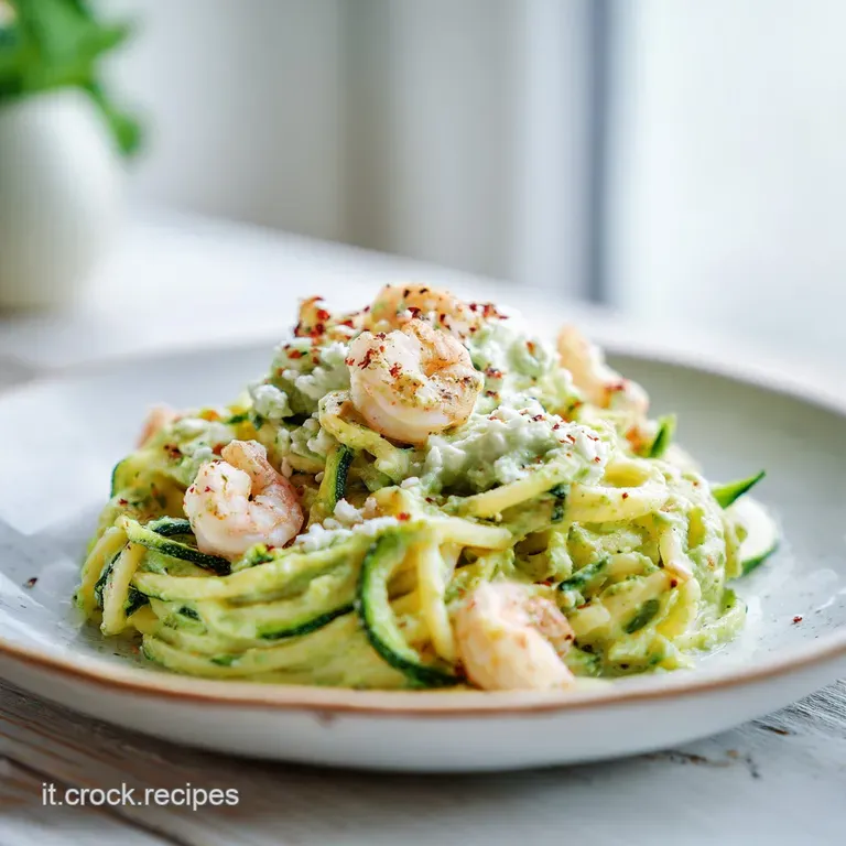 A swirl of pasta adorned with bright shrimp, fresh herbs, and a drizzle of rich sauce.