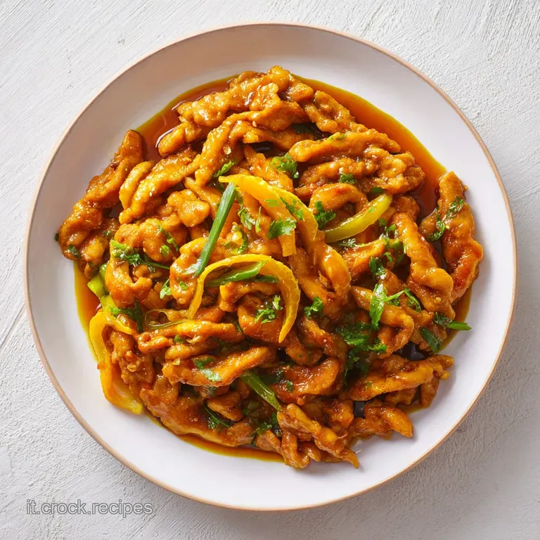 A vibrant swirl of bright orange chicken and glossy sauce artfully arranged on a white plate.