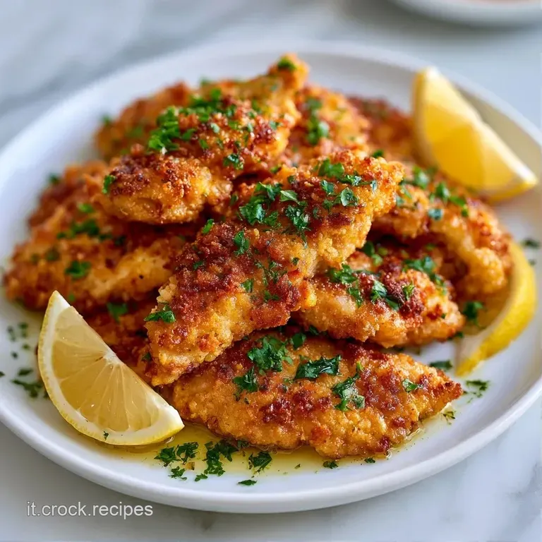 Pezzetti di pollo ben rosolati disposti con cura su un piatto moderno, completati da un tocco di erbe verdi fresche.