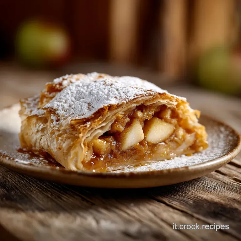 Warm apple strudel slice, glistening with butter, sits beside a dollop of whipped cream. A comforting, elegantly plated de...