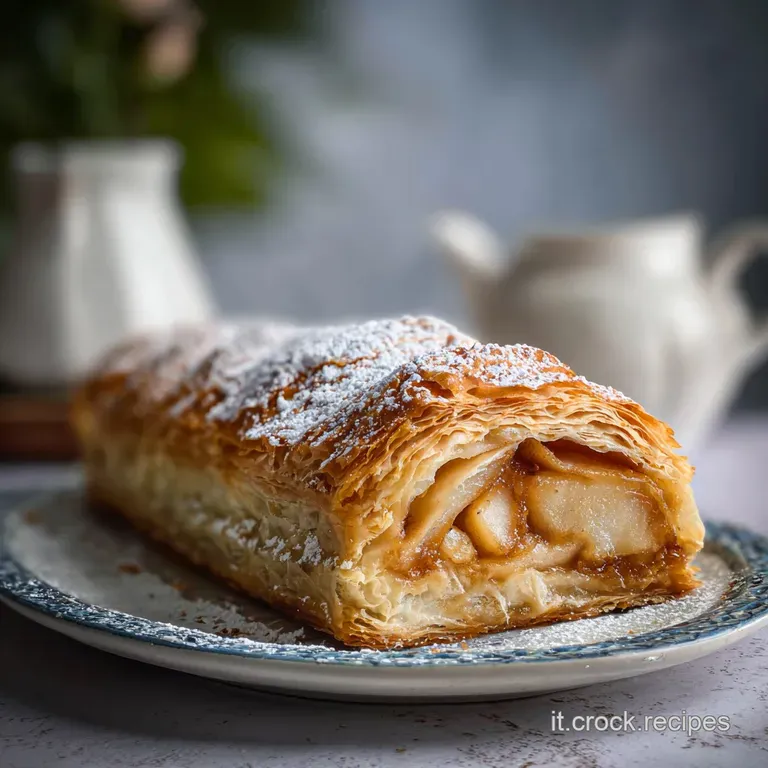 Slice of warm apple strudel with visible layers of tender apples and cinnamon, served with a scoop of vanilla ice cream.