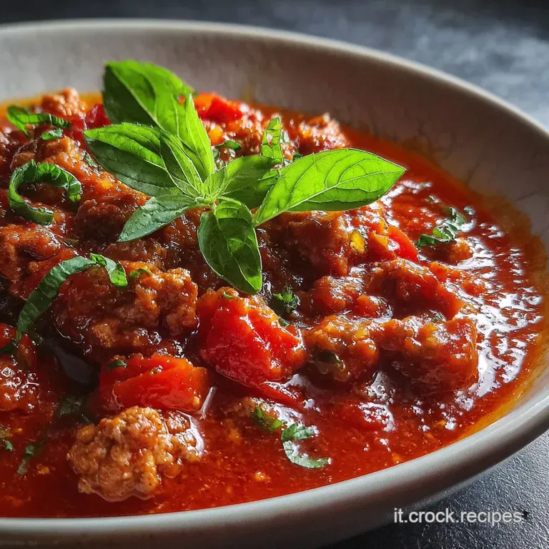 Rustic plate of pasta coated in rich, meaty sugo. Bright basil garnish adds a fresh, vibrant green pop. Comfort food!