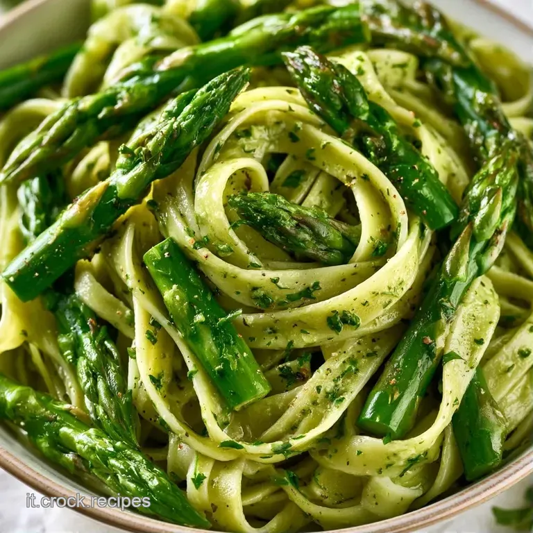 Nido di pasta cremosa su piatto bianco, decorato con asparagi teneri e una spolverata di pepe nero macinato fresco.
