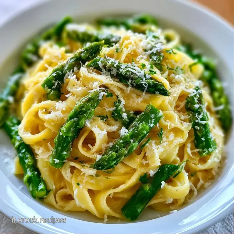 Nido di pasta lucida in un piatto bianco, decorato con asparagi croccanti e sottili scaglie di formaggio bianco.