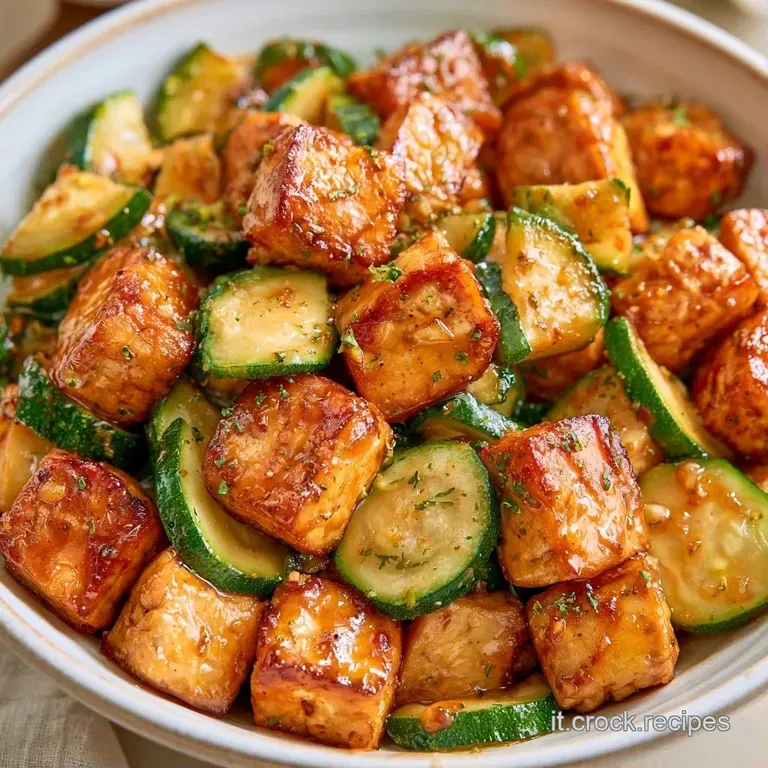 Composizione ordinata di tempeh croccante e verdure lucide, guarnite con erbe fresche su un piatto di ceramica opaca.