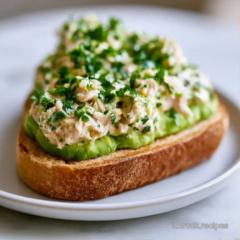 Pane tostato croccante guarnito con avocado vellutato, fiocchi di tonno e un tocco di erba cipollina su piatto bianco.