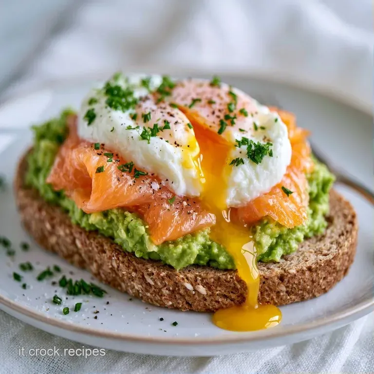 Due fette di pane tostato su piatto bianco, decorate con avocado schiacciato, salmone affumicato e semi di sesamo neri.