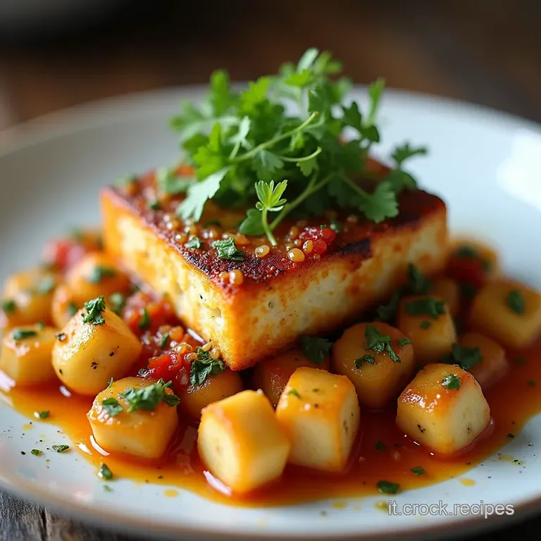 Tofu Affumicato Dorato con Giardino Mediterraneo Saltato