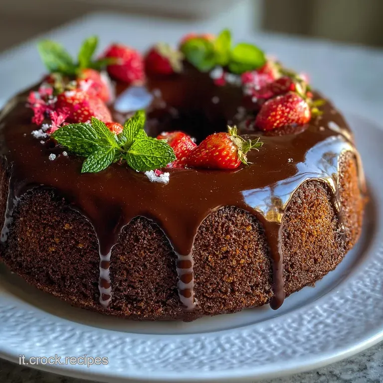 Slice of dark cocoa cake, fluffy interior, dusted with powdered sugar. Berries and mint sprig on plate for contrast.