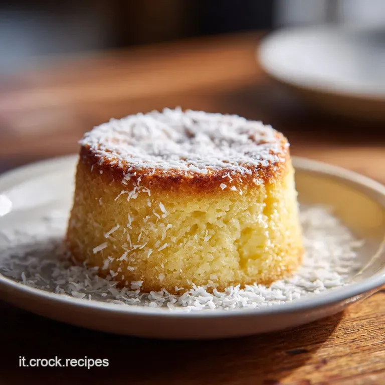 Slice of moist coconut cake on a white plate, garnished with shredded coconut. A fork rests beside the cake, inviting the ...