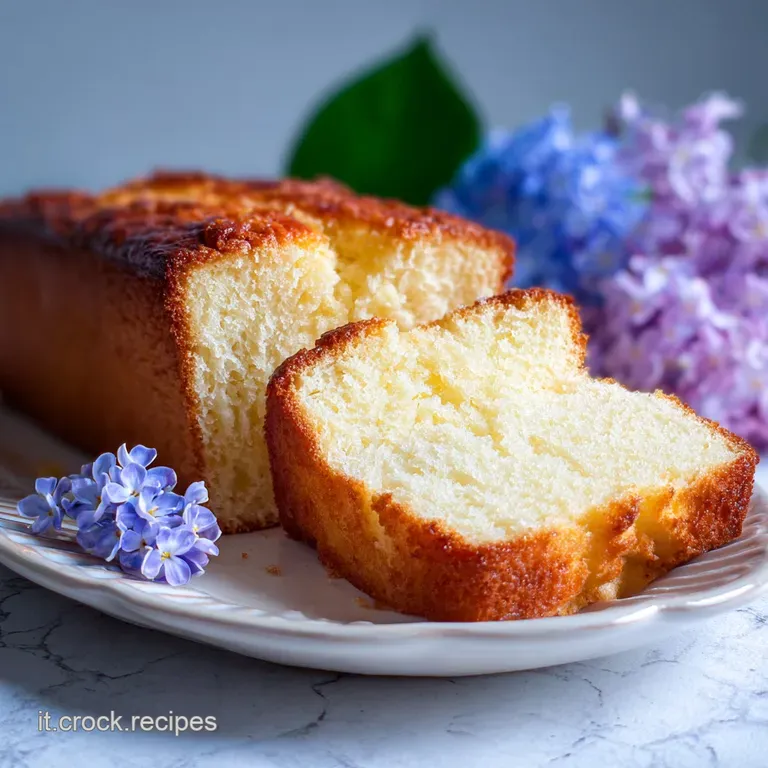 A slice of light and airy yogurt cake on a floral plate, adorned with fresh berries and a dusting of powdered sugar.