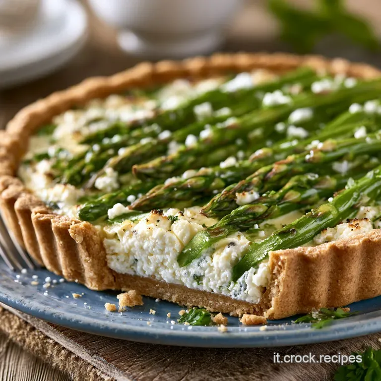 Fetta di torta salata su piatto bianco: contrasto tra il verde degli asparagi, il bianco della ricotta e il bordo dorato.