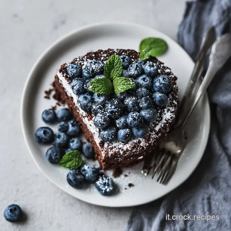A slice of deep chocolate cake artfully arranged on a white plate, adorned with a dollop of whipped cream and a scattering...