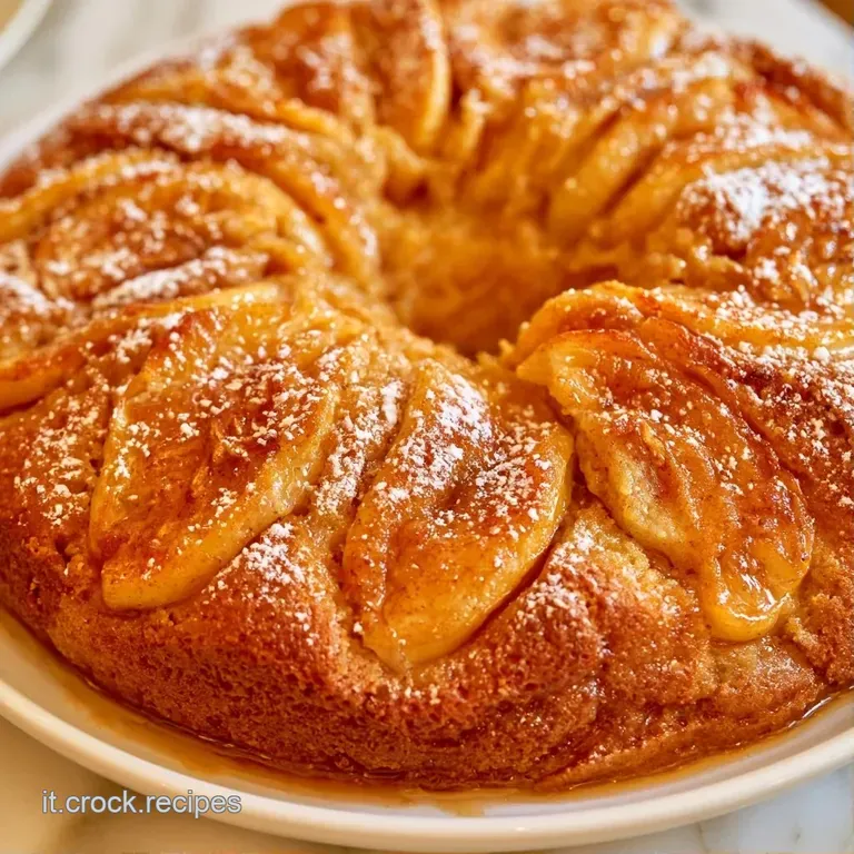 Fetta di dolce soffice su piatto bianco, con mela caramellata e un ciuffo di panna montata fresca e candida.