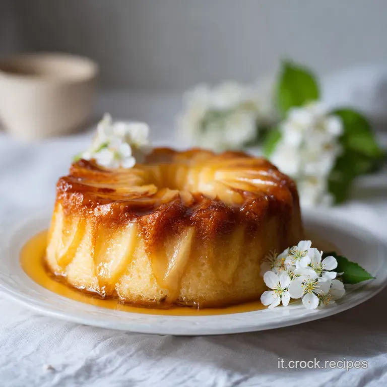 A warm slice of apple and flan cake, artfully plated with a delicate drizzle of caramel sauce.