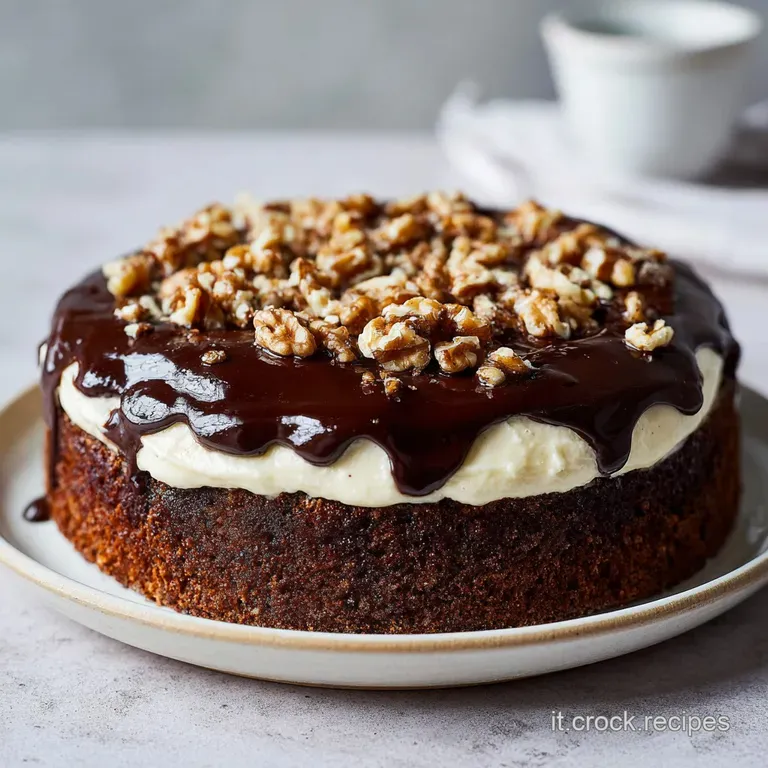 Slice of rich chocolate walnut cake on a white plate. Glistening chocolate sauce and a dusting of cocoa add elegance.