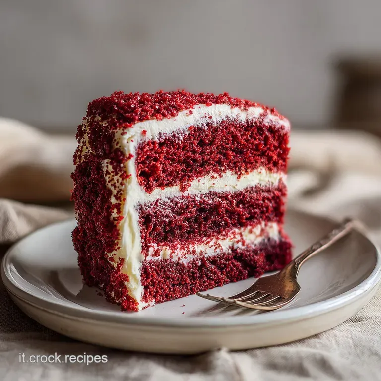 Slice of vibrant red velvet cake on a white plate with powdered sugar; inviting rustic treat.