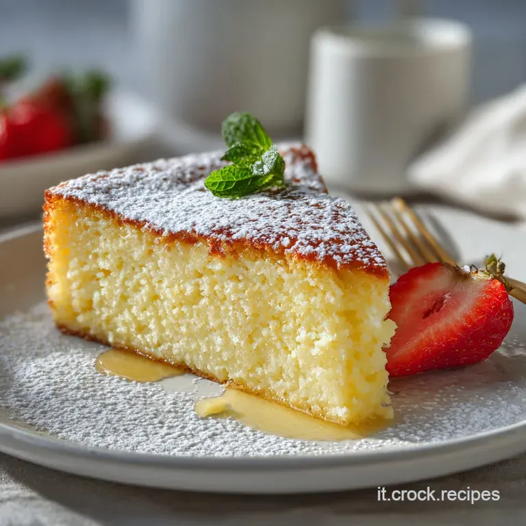 Slice of creamy ricotta cake with a delicate, lightly browned crust is presented on a white plate with a dusting of icing ...