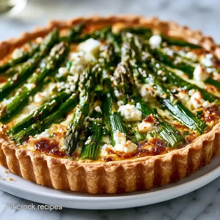Una fetta di torta salata su piatto bianco, con sfoglia croccante, asparagi verdi brillanti e morbido ripieno bianco.