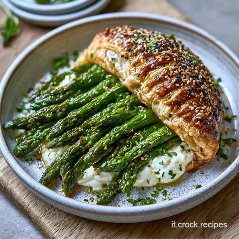 Fetta di torta salata su piatto bianco: contrasto tra il verde brillante degli asparagi e la crema soffice.