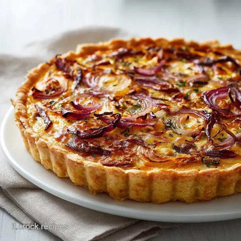 Slice of savory onion tart presented on a white plate, hints of herbs, golden crust, elegant simplicity, appetizing and ru...