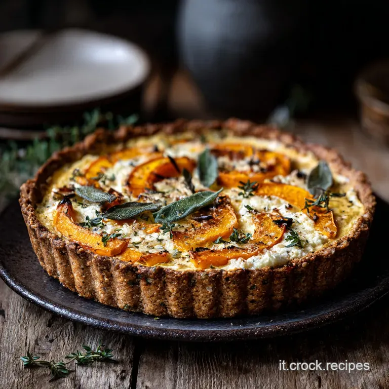 Slice of golden torta salata on a white plate. The orange filling contrasts with the browned crust. A sprig of herbs adds ...