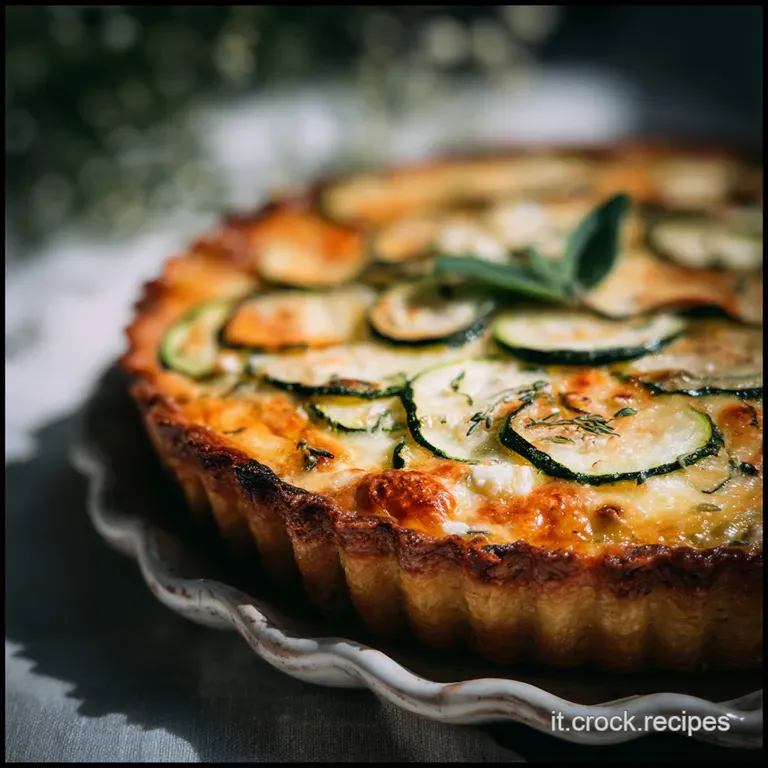 Slice of savory zucchini pie with golden crust, revealing layers of tender zucchini and creamy cheese. Fresh herbs garnish...