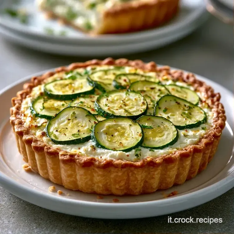 Fetta di torta salata su piatto bianco, strati di ricotta cremosa e zucchine tenere con un rametto di basilico fresco.