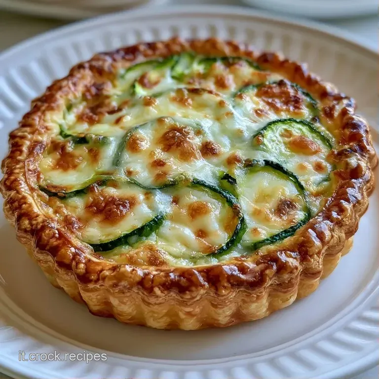 Una fetta di torta dorata su piatto bianco, con ripieno cremoso bianco e zucchine tenere, decorata con erbe fresche.