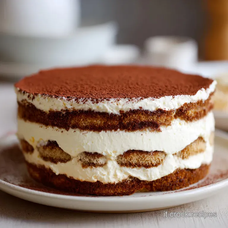 Slice of tiramisu torta on a white plate, dusted with cocoa, showing creamy layers and espresso soaked ladyfingers.