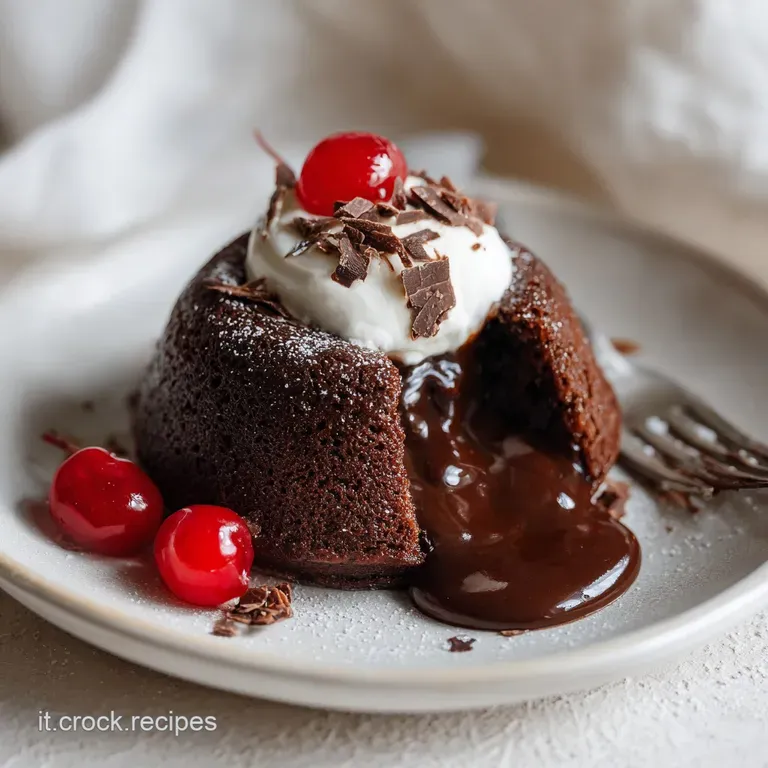 A single, delicate chocolate tortino, oozing warm center on a plate, garnished with powdered sugar and a sprig of mint.